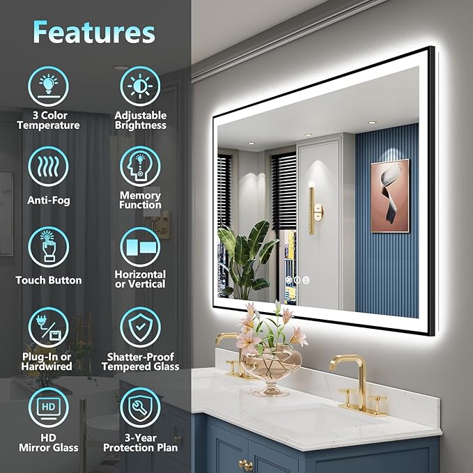 66x40 Black Framed LED Bathroom Mirror - Image 2