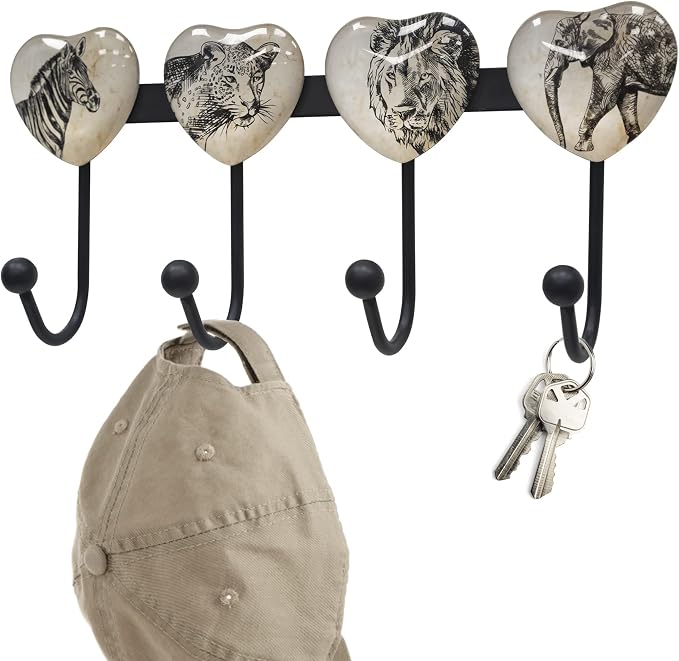Coat Rack Wall Mounted with 4 Hook, Heart Glass Finishes Animal Pattern - Image 7
