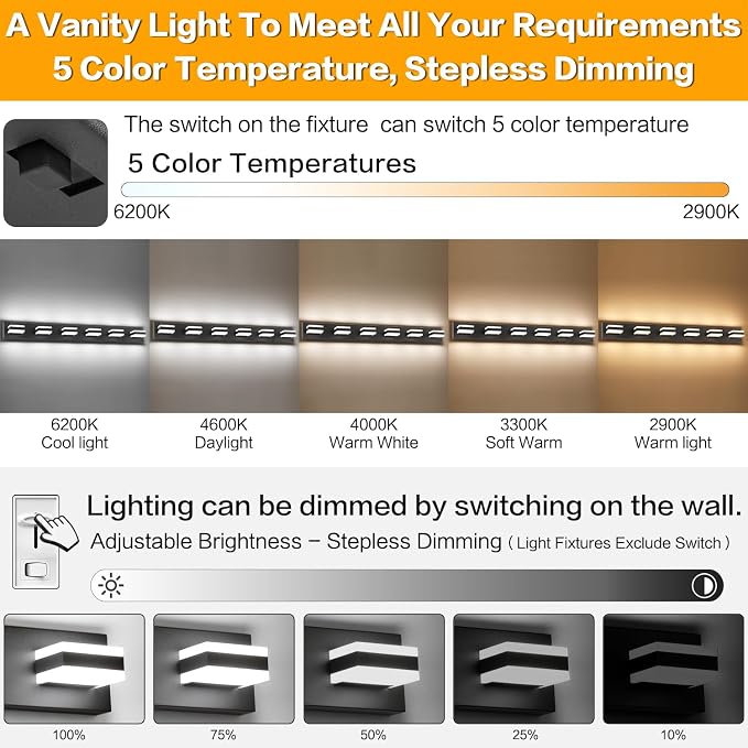 SOLFART 5 Color Temperature Adjustable Modern Vanity Light6 Lights Black - Image 2