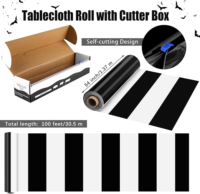 Kochorie 100 Ft x 54 Inch Black & White Striped Tablecloth Roll - Image 2