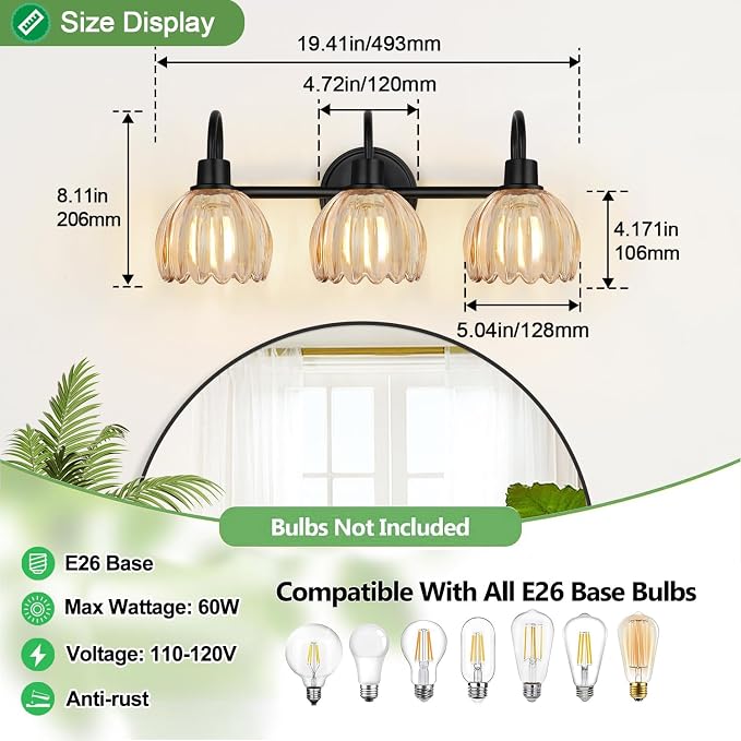 Bathroom Light Fixtures, 3-Light Black Vanity Light - Image 9