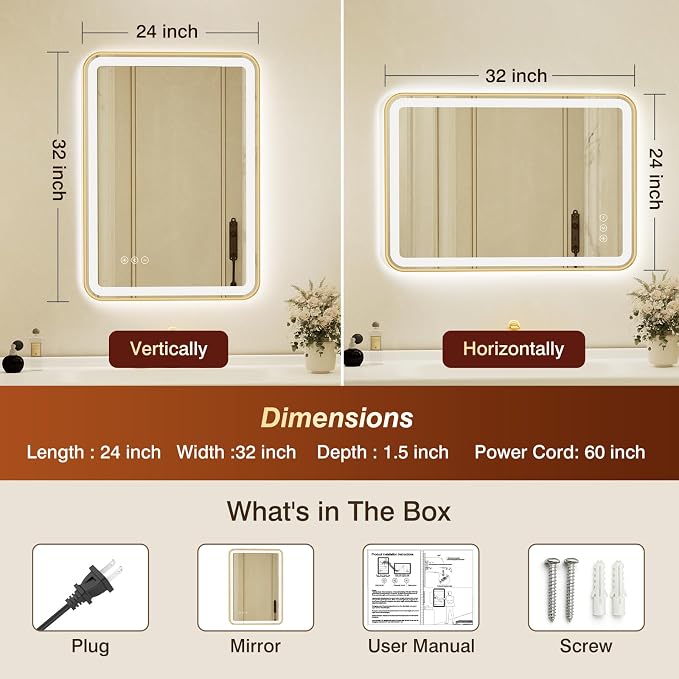 24x32 Inch Gold Framed LED Bathroom Mirror - Image 2