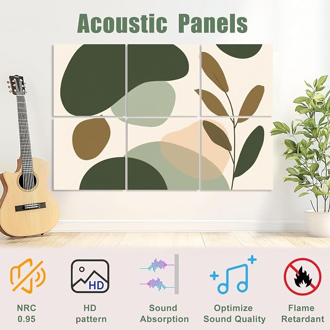 6 Pack Art Acoustic Panels Sound Absorbing Boho Botanical Leaf Orange Green - Image 3