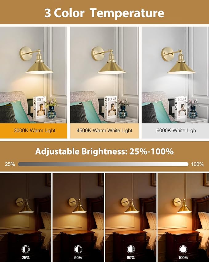 Bailoch Gold Vintage Wireless Battery Operated Wall Sconces, Rechargeable - Image 3