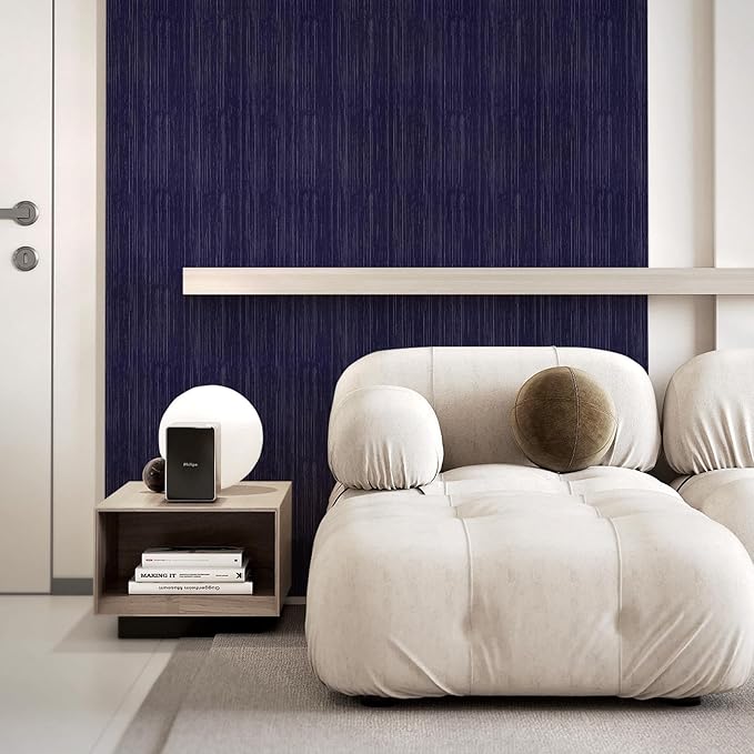 Navy Blue Grasscloth Peel and Stick Wallpaper Vintage Texture Removable - Image 5