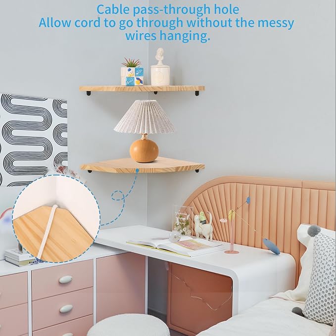 Wood Corner Wall Shelves Set of 2, Solid Wood Corner Floating Shelves, Round - Image 4
