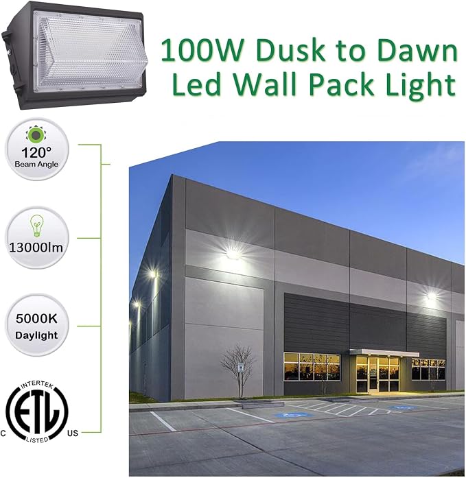 LED Wall Pack Light with Dusk to Dawn Photocell, 100W 13000LM 5000K Daylight - Image 2