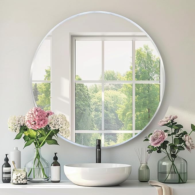 Circle Silver Mirror, Round Mirror 20 inch, Circle Wall Mirrors Metal Frame by Mfring