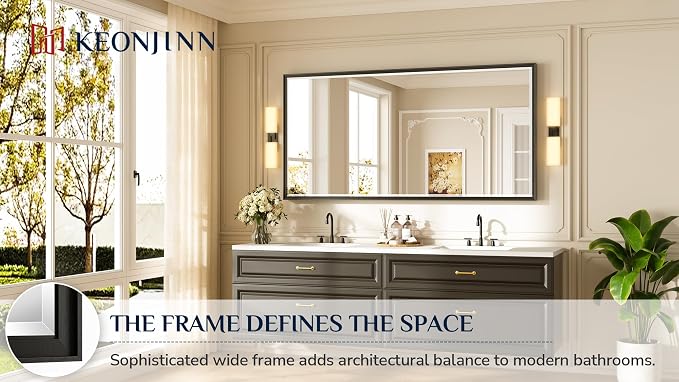 Keonjinn 72" x 36" Large Black Bathroom Vanity Mirror, Brushed Black Framed - Image 2