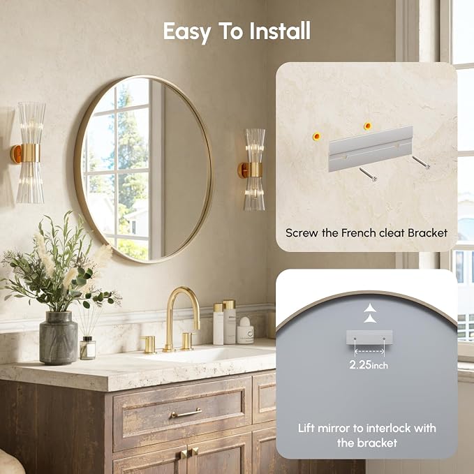 USHOWER Gold Bathroom Mirrors for Over Sink, 24 Inch Circle Mirror - Image 7