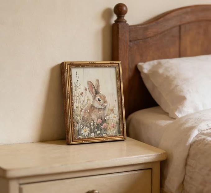 Vintage Gold Framed Easter Bunny Wall Art Spring Rabbit and Wildflowers - Image 7