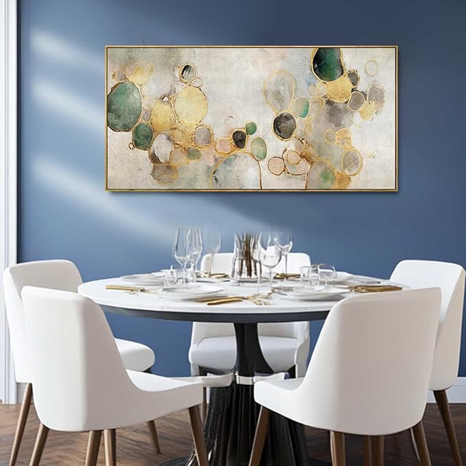 Gold Circle Modern Artwork Framed Abstract Wall Art Green Canvas Decor 24"x48" - Image 4