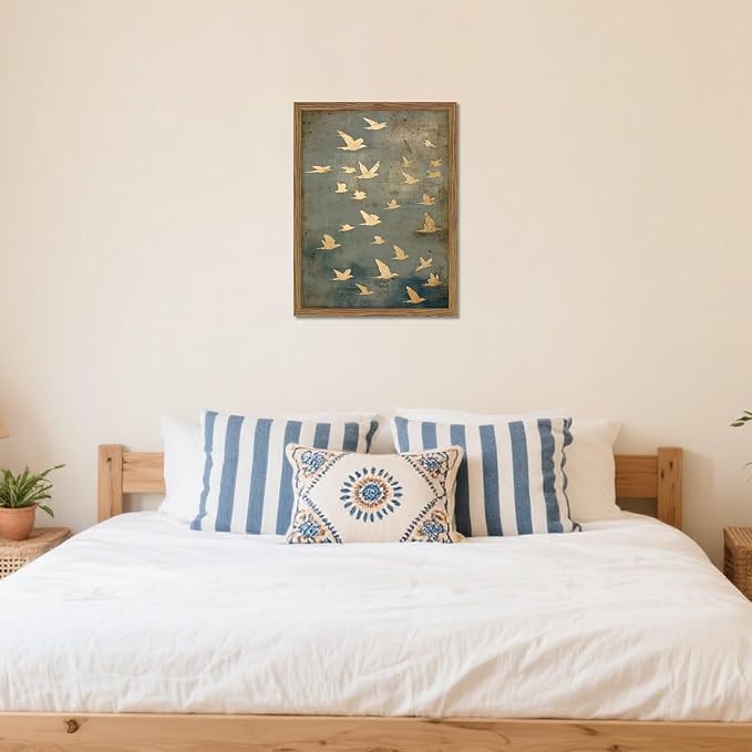 Framed Flock of Birds Canvas Wall Art, Vintage Minimalist Abstract Landscape - Image 4