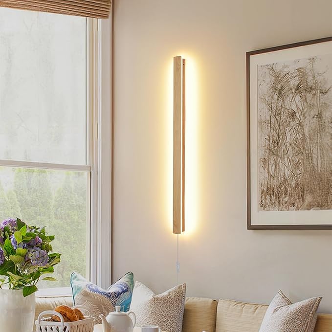 Modern Plug in Long Wall Sconce, 31.4 inch Faux Wood Texture Finish LED Wall - Image 9