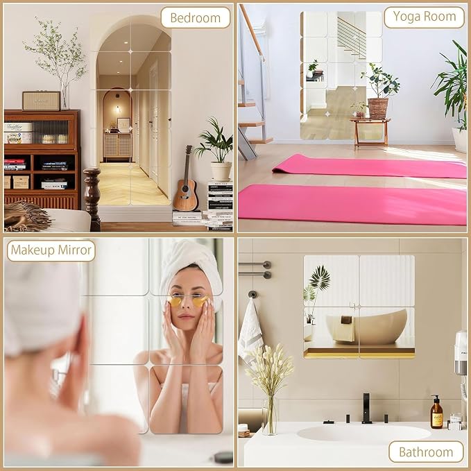 JUNEBRUSHS 8 Pack Self Adhesive Acrylic Mirror, 8 x 8 Inch Tiles, Flexible - Image 4