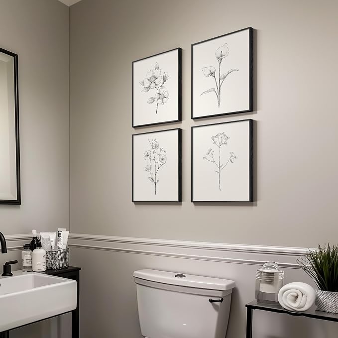 Framed Black and White Floral Wall Art, 4 Piece Vintage Gray Botanical Canvas - Image 4