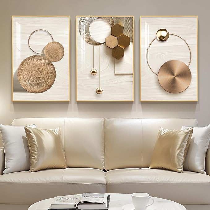 Framed Modern Luxury Gold Wall Art, 3 Piece Bright Style Art Prints Paintings by Cuspin