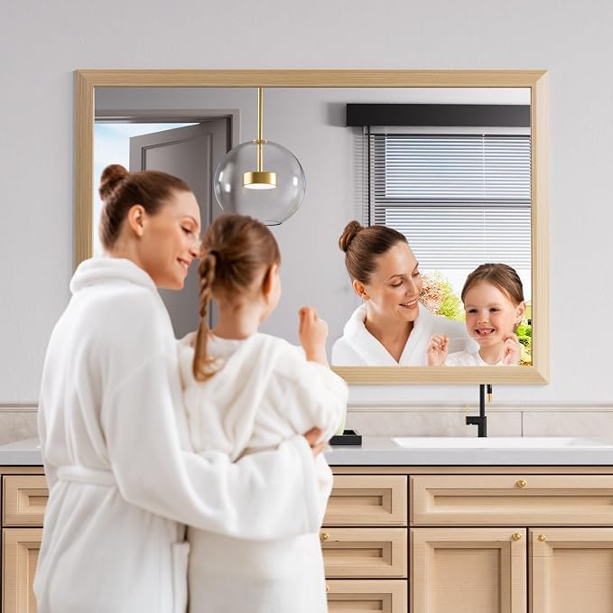Amorho Bathroom Mirror, 60 X40 Inch Wall Mirror, Oak Wood Grain Metal Framed - Image 5