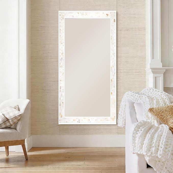 Tanmicoshomy 24 x 47 Inch White Rectangle Wall Mirror, Natual Shell Framed - Image 8