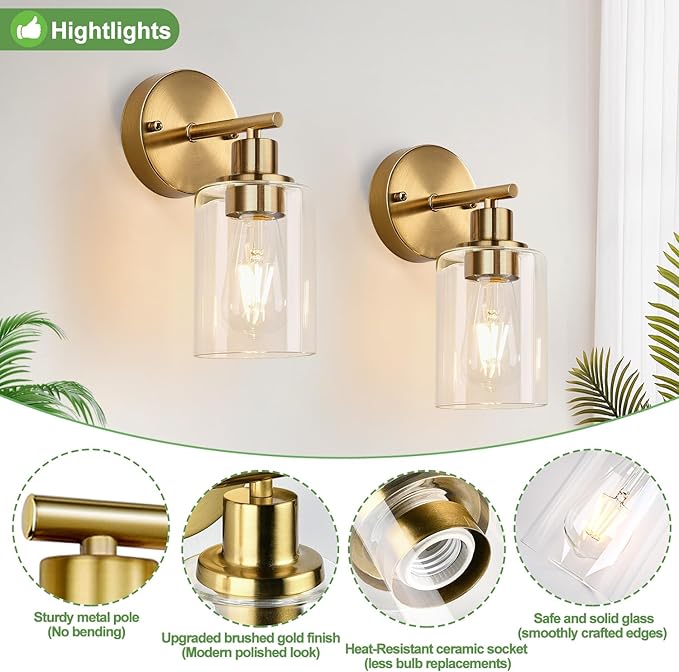 Zarbitta Set of 2 Wall Sconces for Bathroom, Brushed Gold Modern Vanity Lights - Image 4