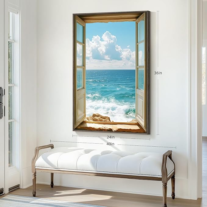 Framed Window Beach Scene Wall Art, Summer Seascape Wave Artworks - Image 3