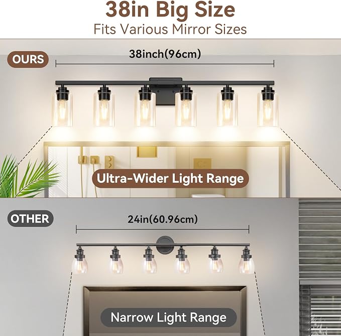 6-Light Bathroom Light Fixtures, Matte Black Light Fixture, Classic Wall Light - Image 6