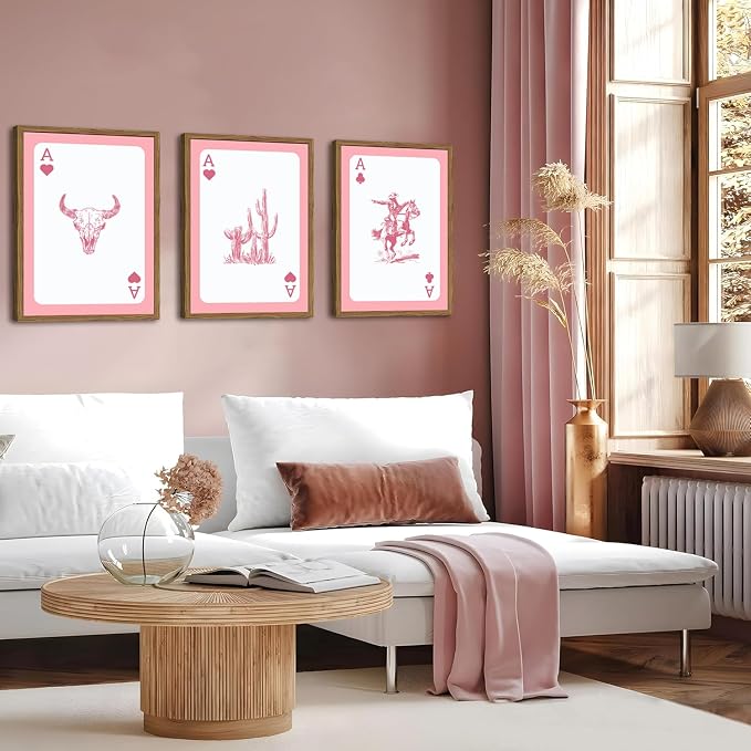 Set of 3 Western Cowgirl Wall Art Pink Bull Skull Wall Decor Painting - Image 4