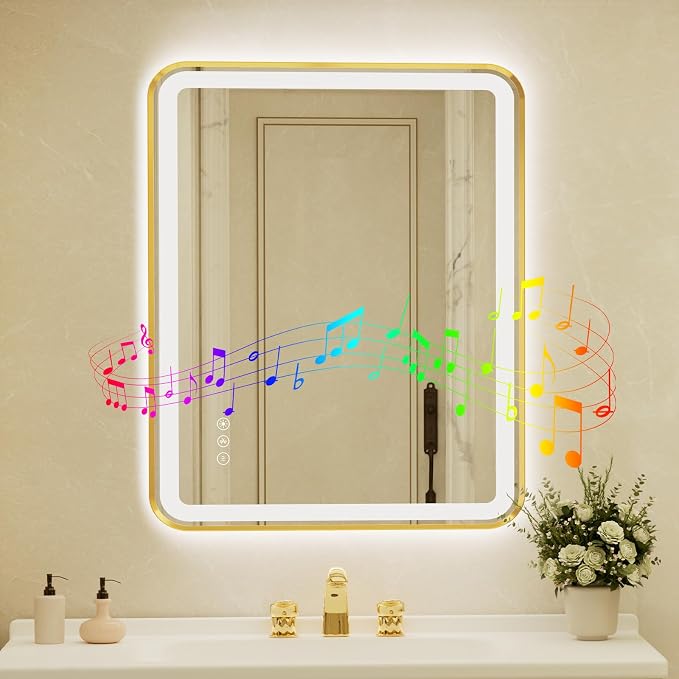 28x40 Inch Gold Framed LED Bathroom Mirror by Unknown