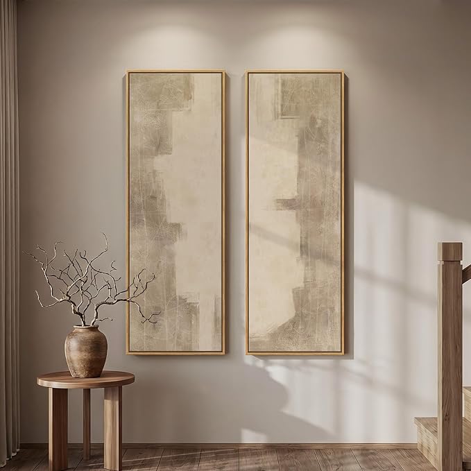 Long Narrow Framed Neutral Abstract Vertical Wall Art Set of 2, Oversized by Cuspin