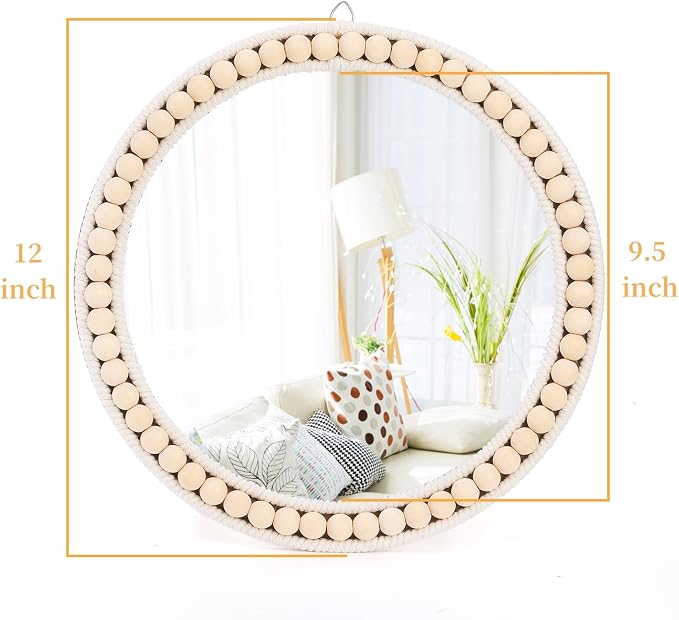 Eorbow Boho Wall Mounted Mirror, 12 Inch Round Wooden Bead Hanging Mirrors - Image 2