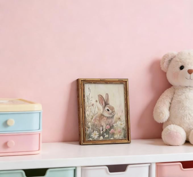 Vintage Gold Framed Easter Bunny Wall Art Spring Rabbit and Wildflowers - Image 9