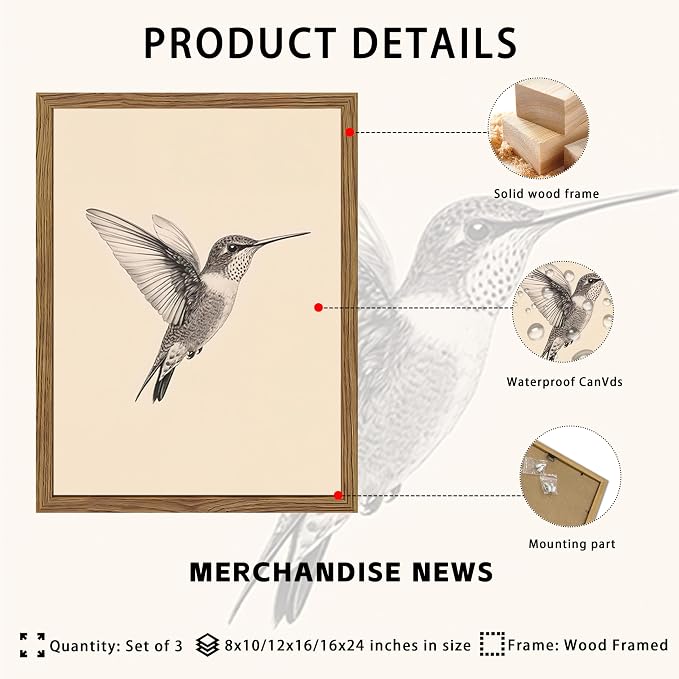 Vintage Framed Wall Art, Birds Canvas Prints, Hummingbird Sketch Painting - Image 5