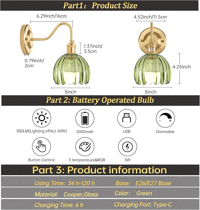 Shenmoyl Vintage Battery Operated Wall Sconce, 5000mAh Rechargeable Wall Light - Image 8