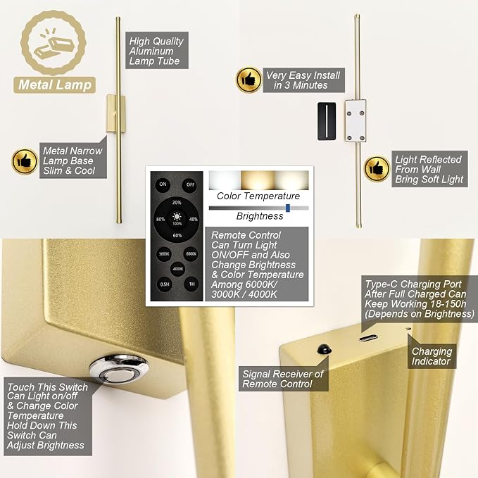 Set of 2 Battery Powered Linear Tube Rechargeable Gold Wall Sconce, Modern - Image 5