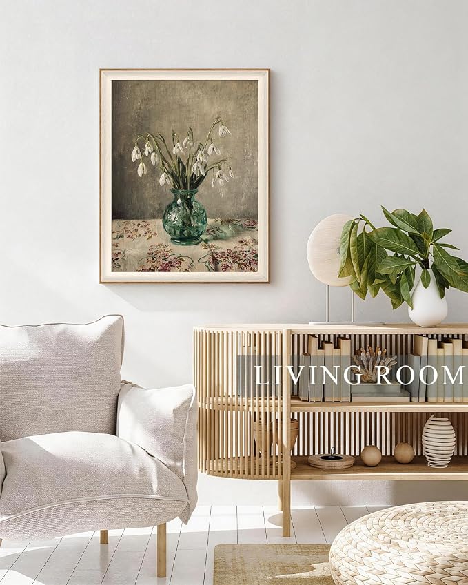 VIYYIEA Framed Wall Art for Living Room, Snowdrop Flowers in Green Glass Vase - Image 4