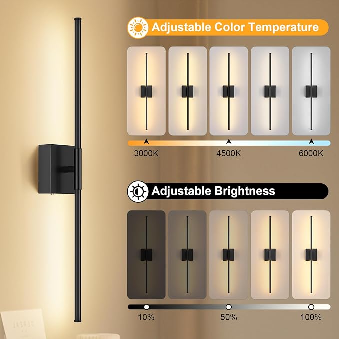 Battery Operated Wall Sconce, 3000K-6000K Dimmable Black Wall Lights - Image 2