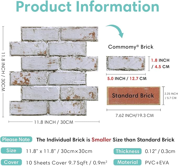 Commomy 3D Peel and Stick Brick Tiles- 10 pcs 11.8" x 11.8" Small Size PVC - Image 5
