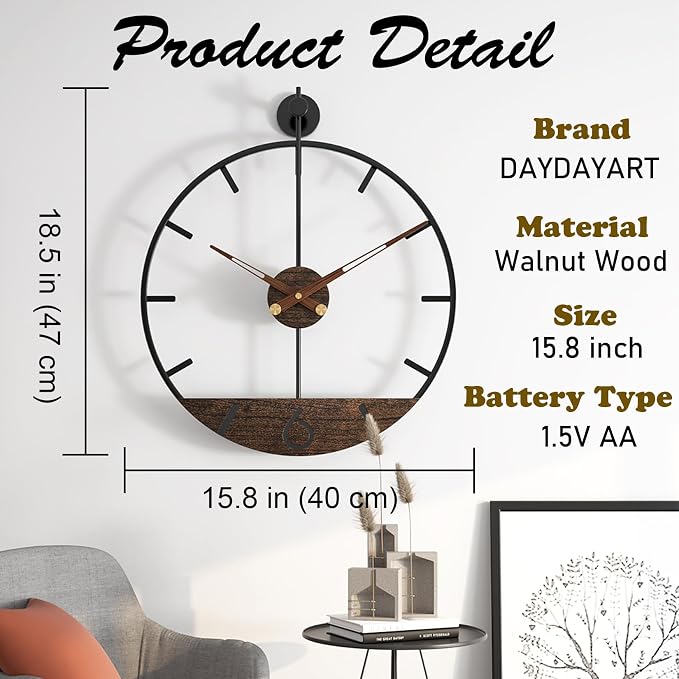 Modern Wood Walnut Dial Wall Clock, Large Simple Wall Decor Metal Frame Silent - Image 3
