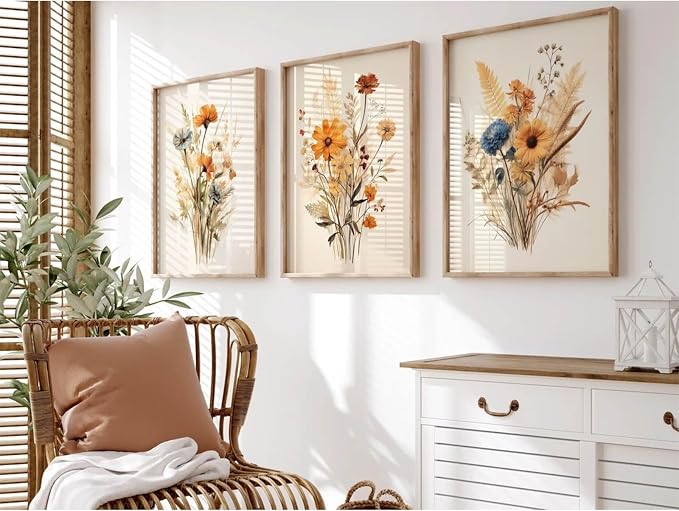 Botanical Floral Wall Art Set of 3 Vintage Wildflower Canvas Wall Decor by Unknown