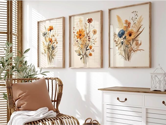 Botanical Floral Wall Art Set of 3 Vintage Wildflower Canvas Wall Decor by Unknown