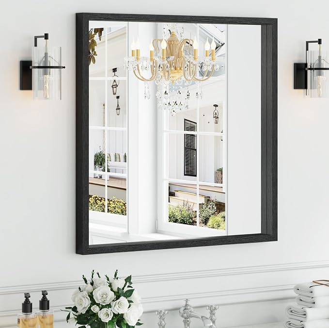 Syndra Square Black Wood Frame Bathroom Mirror, Waterproof Slim Deep Frame by Syndra