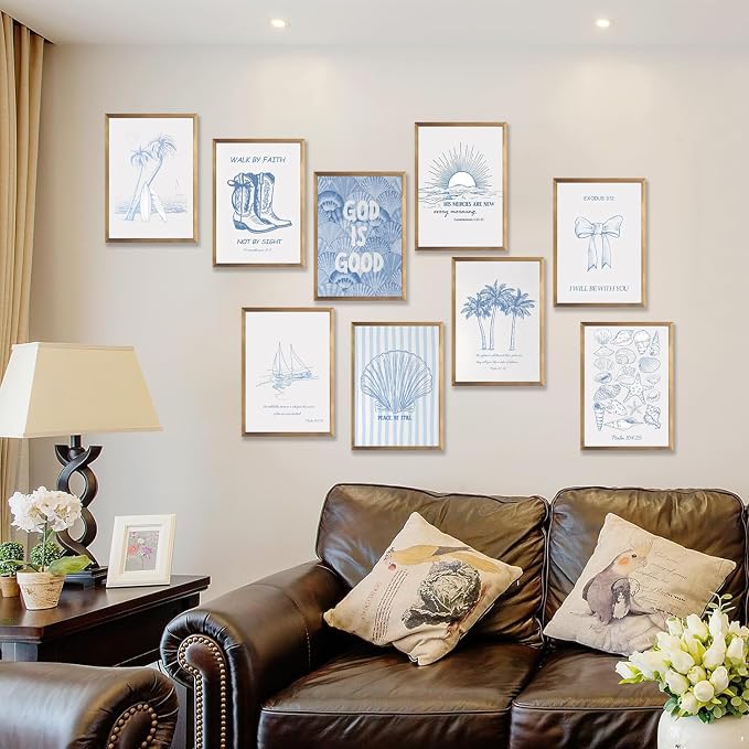 9 Pcs Coastal Christian Wall Art Blue Seashell Posters Inspirational Bible - Image 7