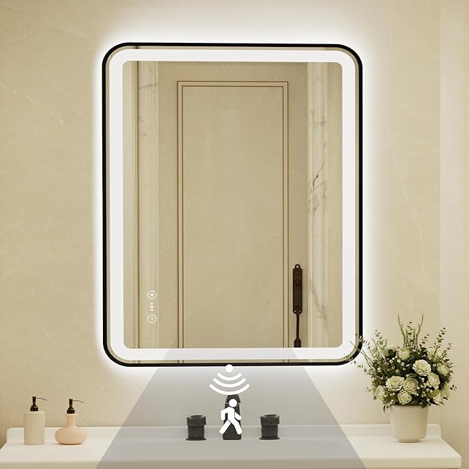 28x40 Inch Black Framed LED Bathroom Mirror by Unknown
