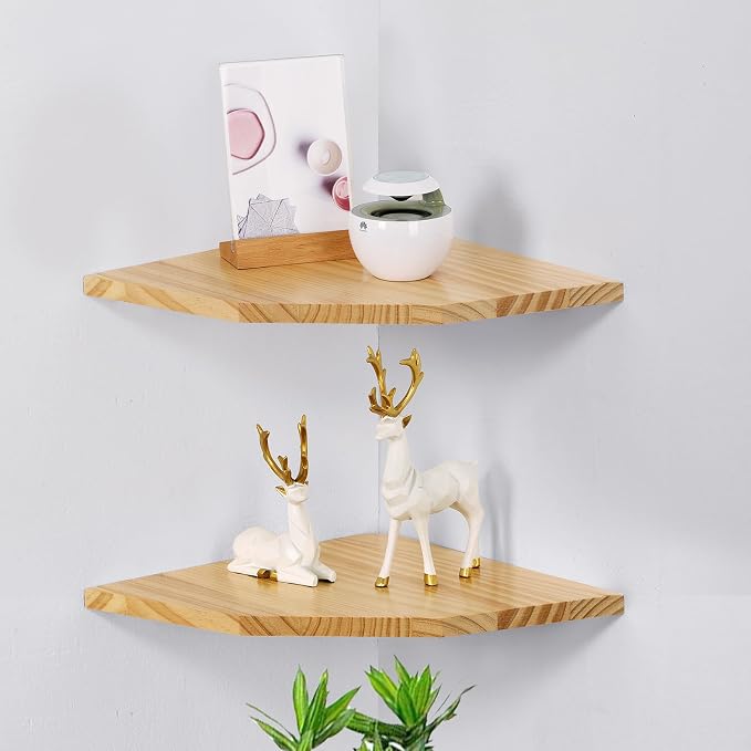 Wood Corner Wall Shelves Set of 2, Solid Wood Corner Floating Shelves, Round - Image 5