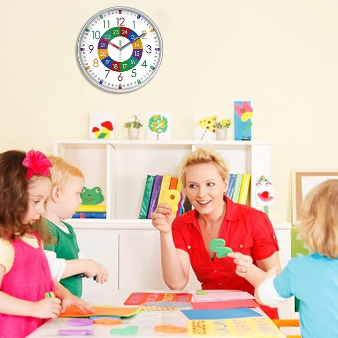 XFM Kids Wall Clock for Children's Bedroom 10 Inch Round Multi-Colored Learning - Image 2