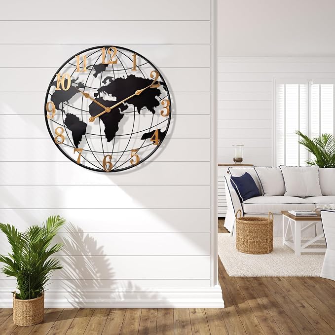 Large World Map Wall Clock, Metal Minimalist Modern Clock, Round Silent - Image 6