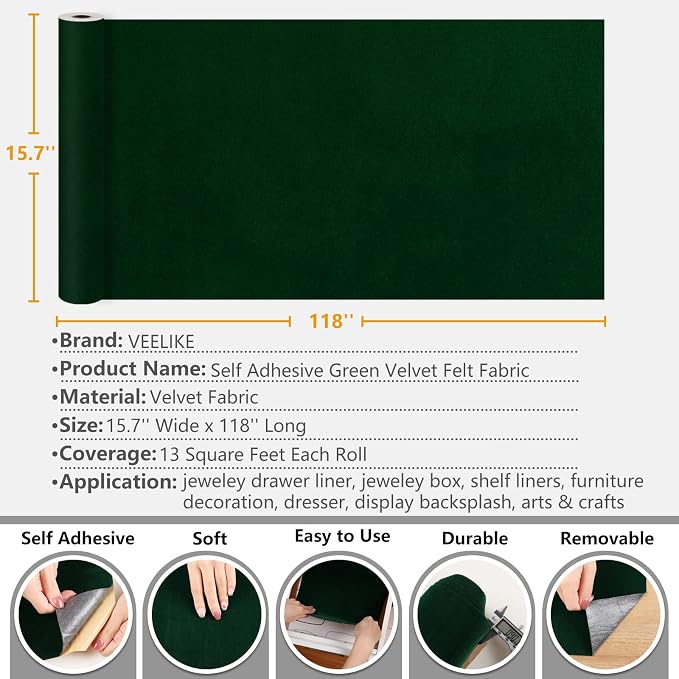 VEELIKE Self Adhesive Green Velvet Flock Liner Contact Paper - Image 6