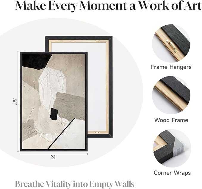 Framed Neutral Beige and Black Abstract Wall Art - Image 5