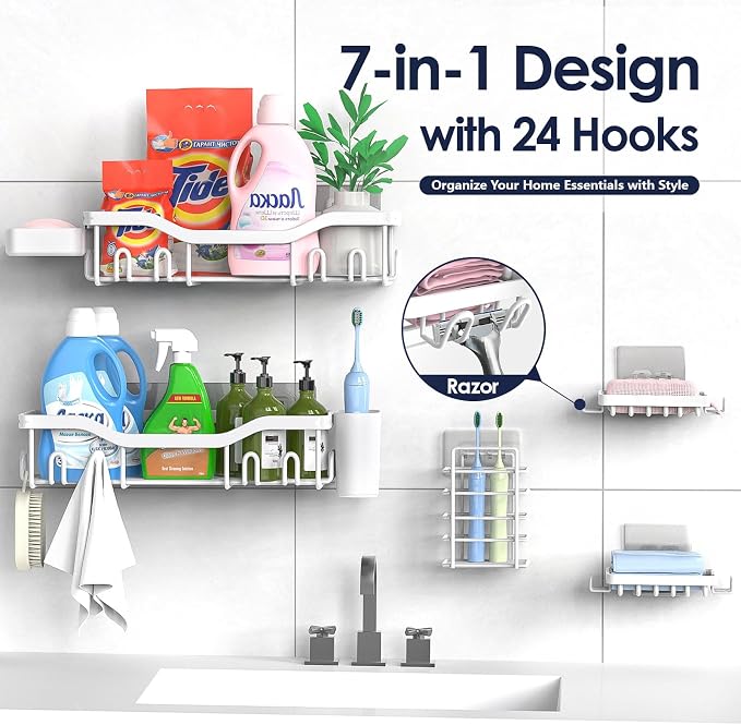 NESOMI Shower Caddy Adhesive Shower Organizer 7-Pack, Rustproof Stainless Steel - Image 4