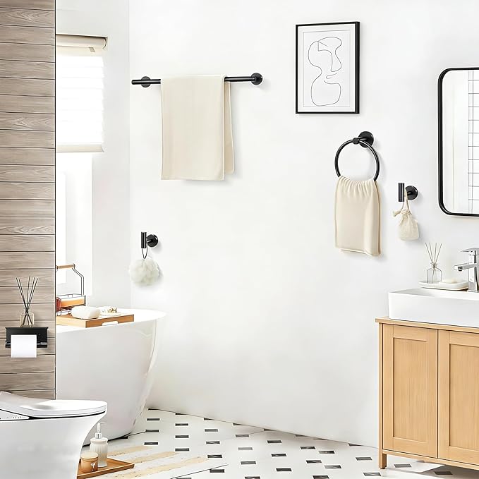 5-Piece Matte Black Bathroom Accessories Set, 24-Inch Wall-Mounted Towel Bar - Image 2